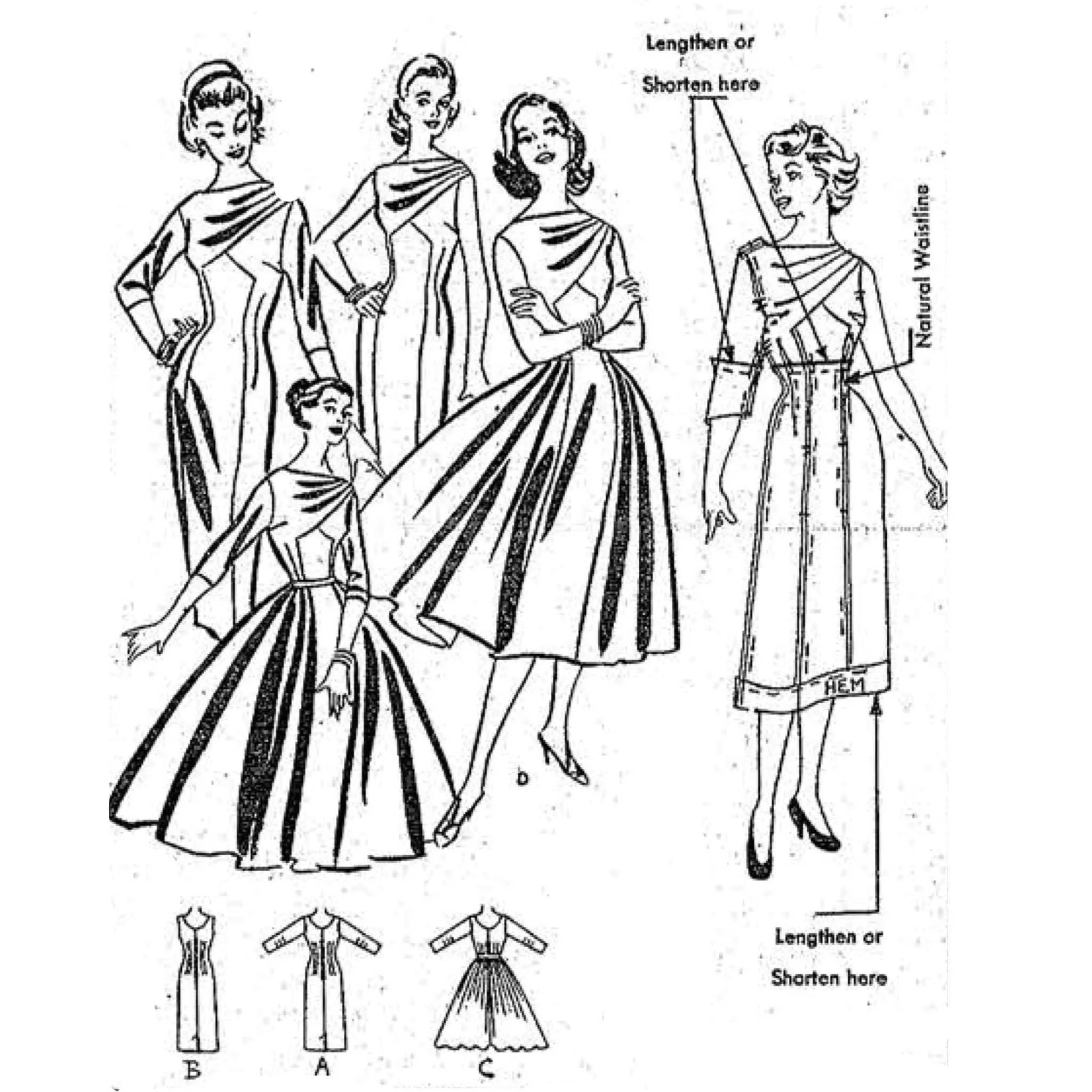 1950s Pattern, Rockabilly Princess Line Dress in Four Elegant Styles - Multi-sizes