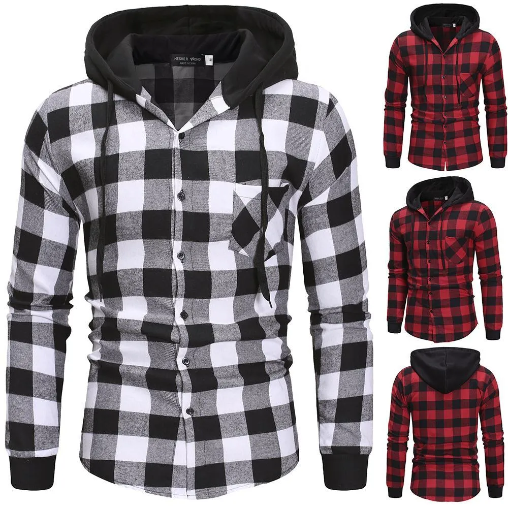 2021Men's Shirts Autumn Fashion Casual Plaid Shirts Long Sleeve Cotton high quality Pullover Hooded Shirt Winter Mens Top