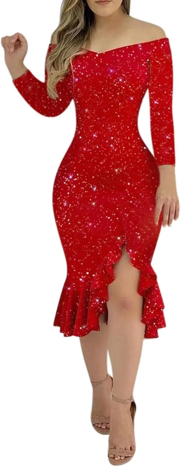 2023 Cocktail Dress for Women Off Shoulder Sleeveless Bodycon Fitted Ruffle Hem Slit Midi Causal Prom Dress Evening Party Cold Shoulder Backless Sequins for dress dress Sparkle Dots D48-Red