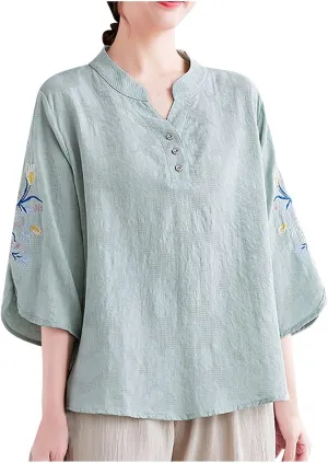 2025 Floral Embroidery Cotton Linen Tops for Women Vintage Button V Neck Shirts Short Sleeve Loose Casual Blouse Tees