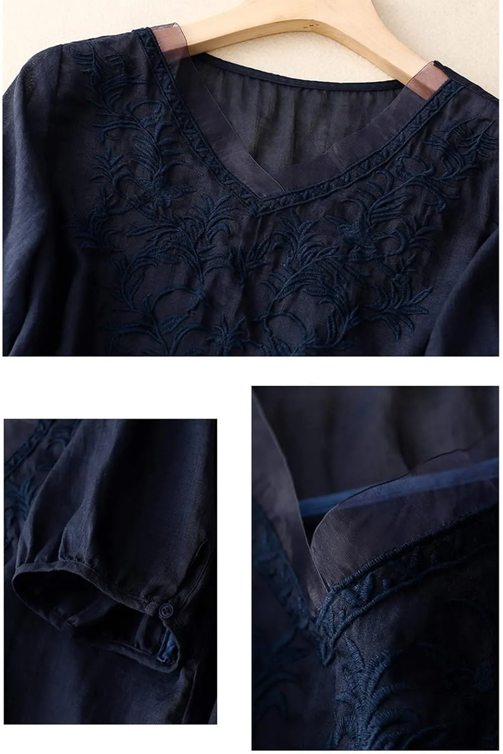 2025 Women Boho Floral Embroidery Linen Shirts Short Sleeve V Neck Babydoll Tops Blouses Trendy Vintage Mexican Tunic