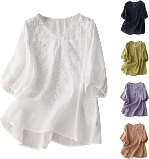 2025 Women Boho Floral Embroidery Linen Shirts Short Sleeve V Neck Babydoll Tops Blouses Trendy Vintage Mexican Tunic