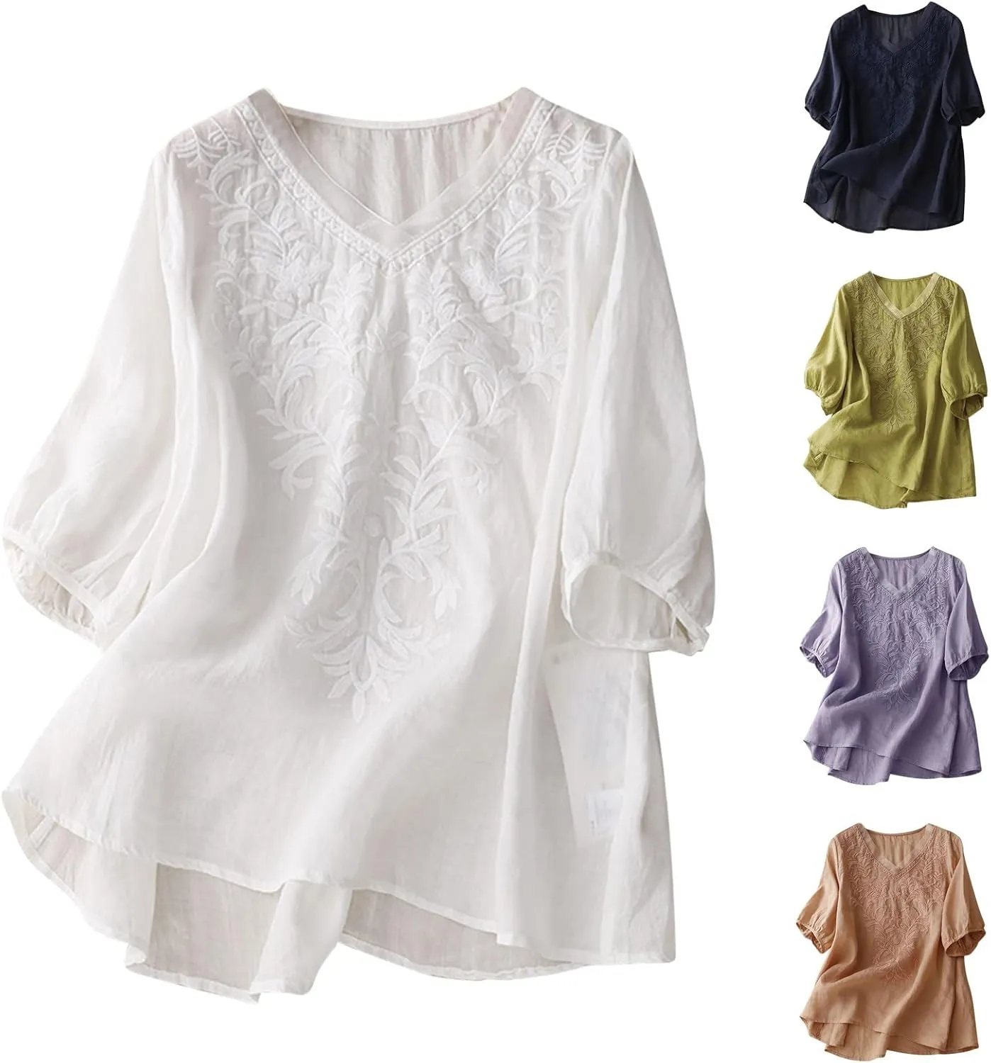 2025 Women Boho Floral Embroidery Linen Shirts Short Sleeve V Neck Babydoll Tops Blouses Trendy Vintage Mexican Tunic