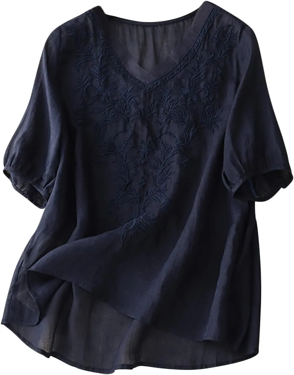 2025 Women Boho Floral Embroidery Linen Shirts Short Sleeve V Neck Babydoll Tops Blouses Trendy Vintage Mexican Tunic