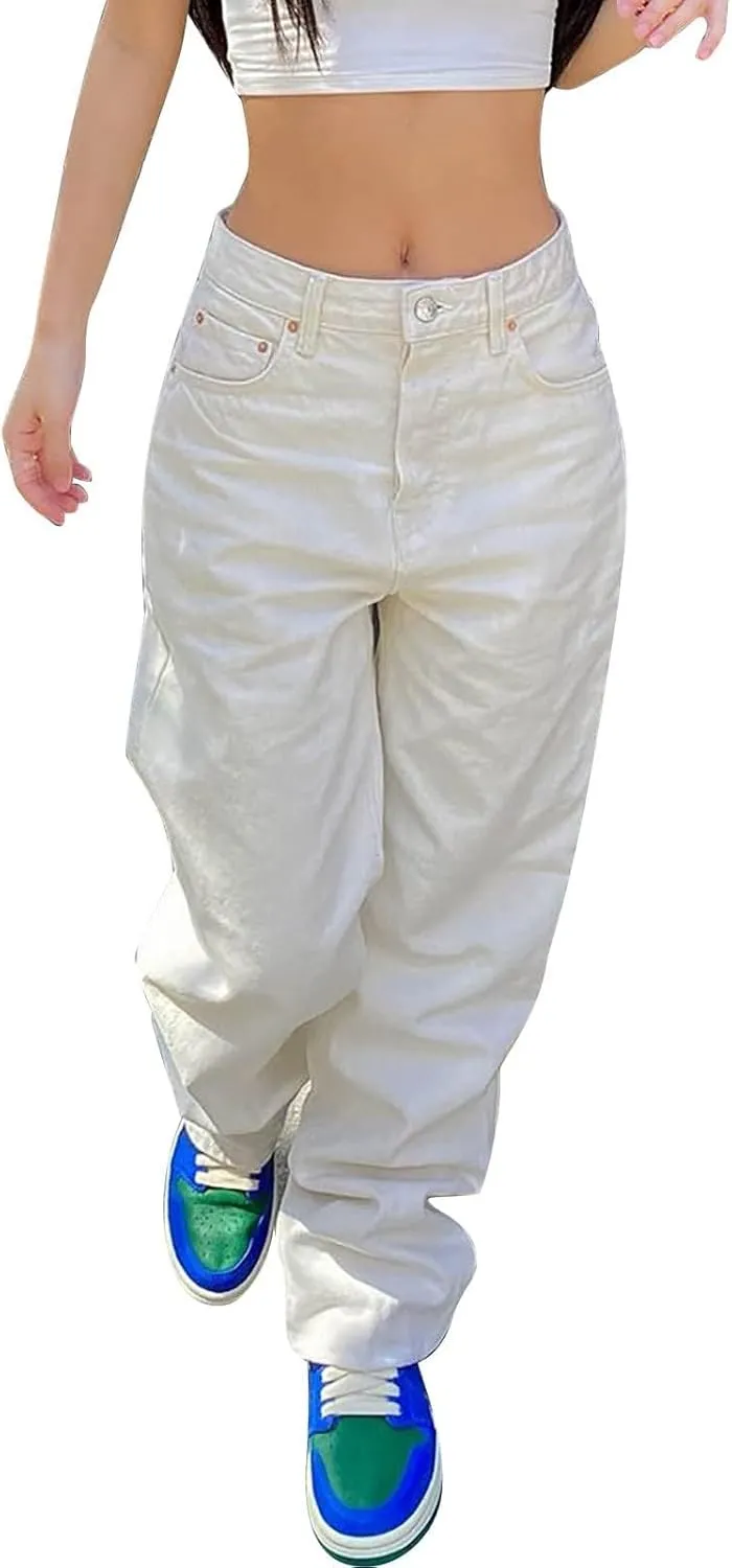 2025 Womens Wide Leg Jeans Trendy Loose Fit Stretchy Jeans Trendy Boyfriend Tummy Control Baggy Denim Outfit