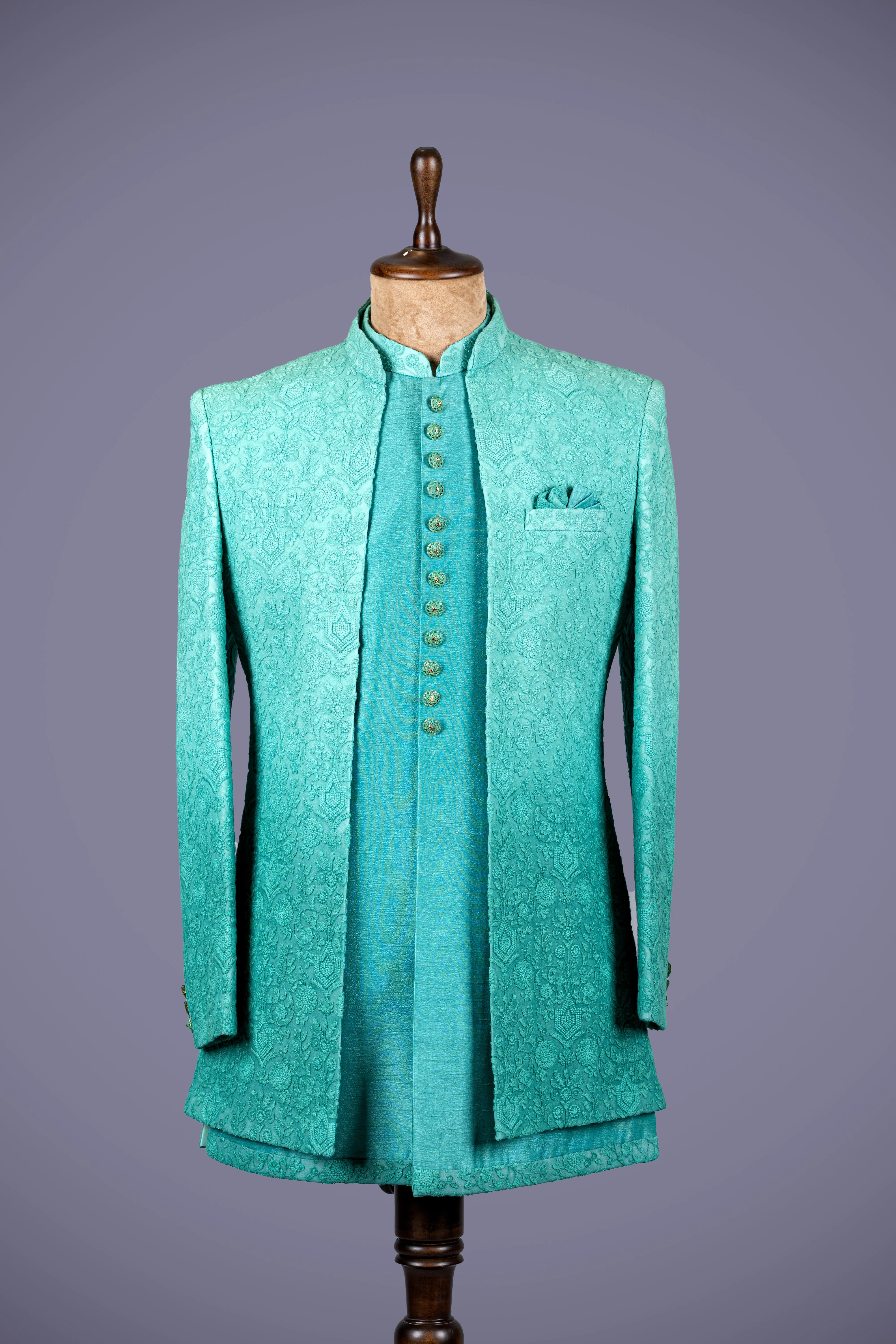 3 Piece Green Georgette Indo Western with Lakhnavi Work