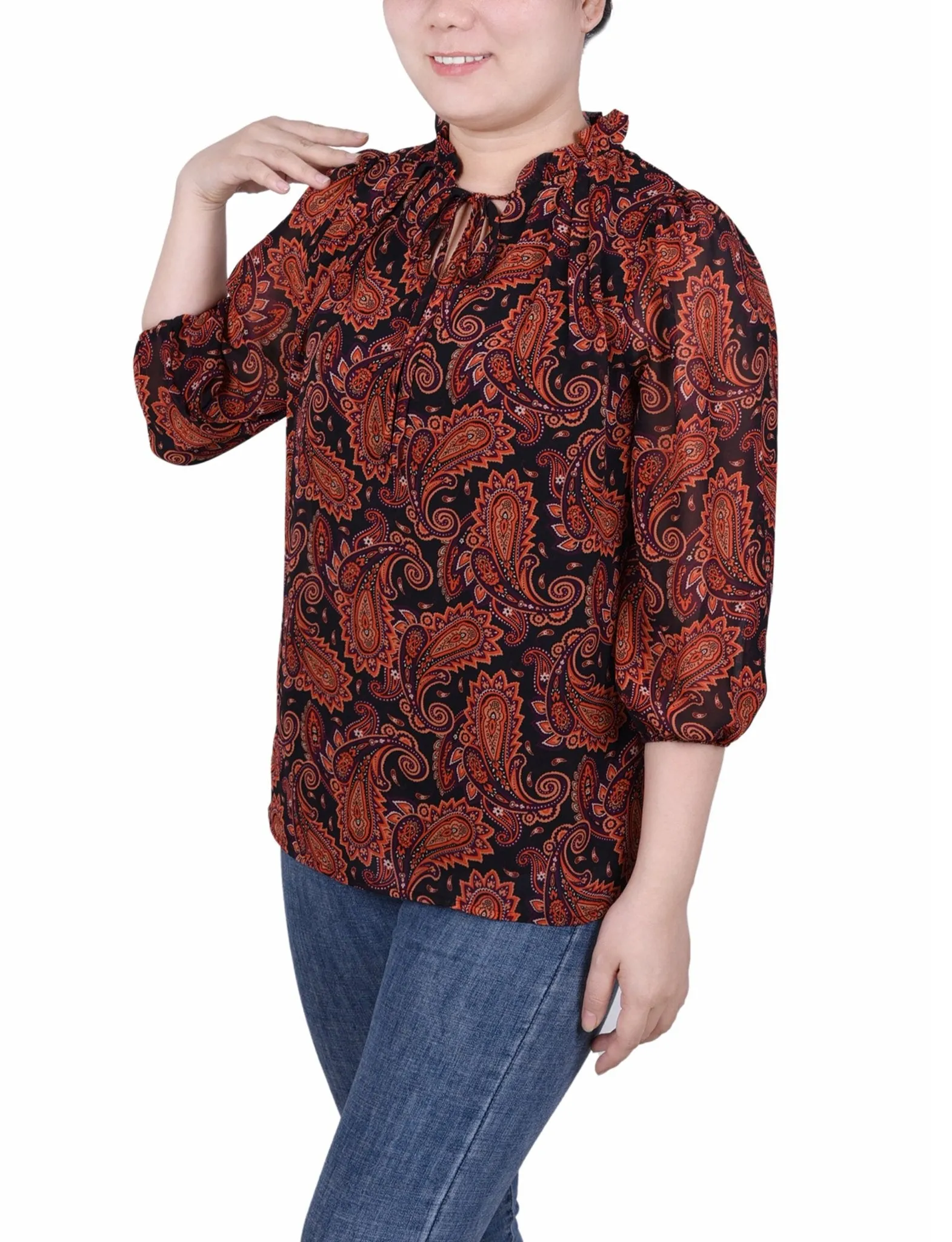 3/4 Length Sleeve Chiffon Blouse - Petite