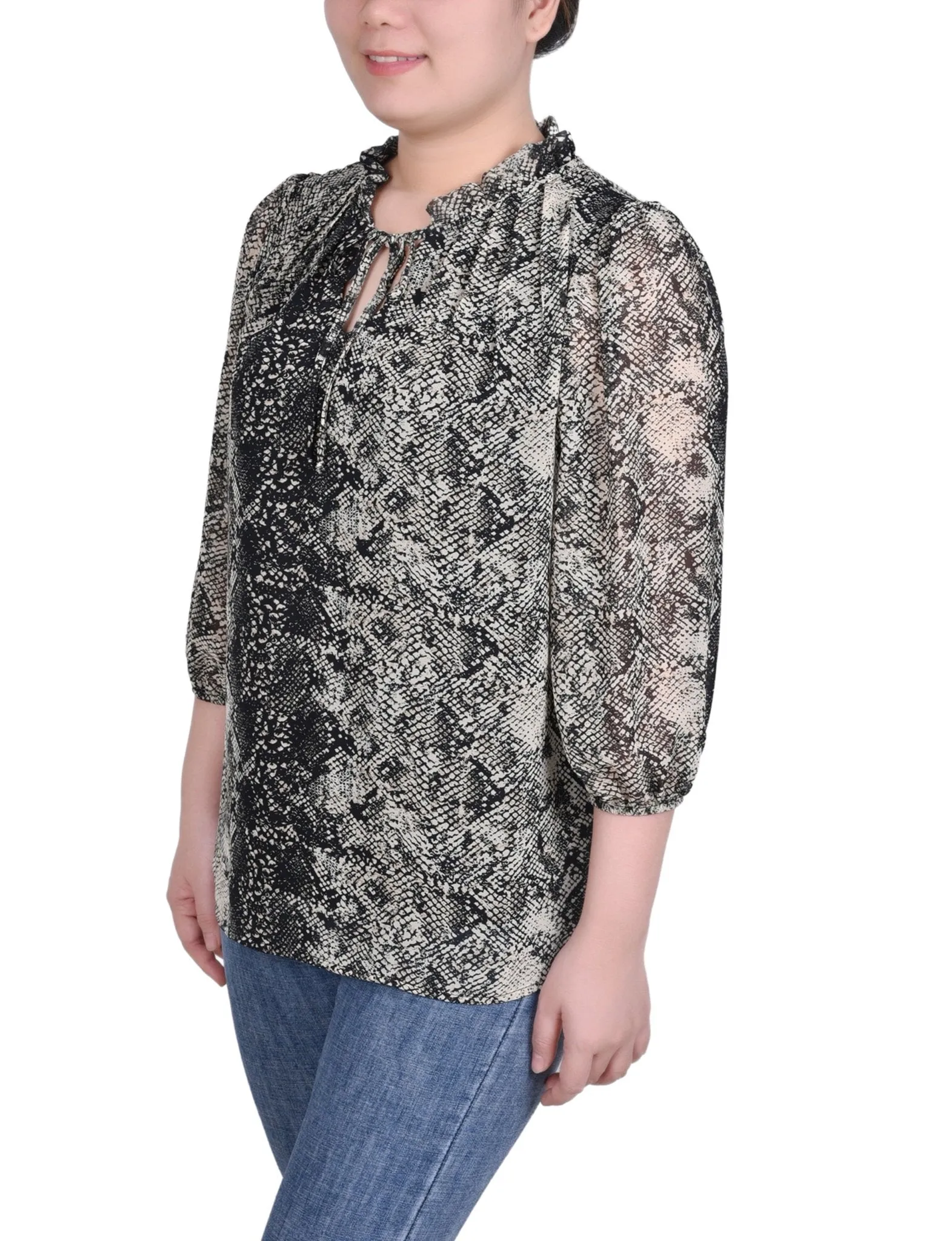 3/4 Length Sleeve Chiffon Blouse - Petite