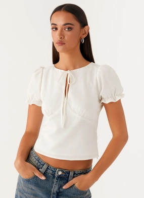 EcoFriendly Manufacturing Breathable mesh lining These Words Puff Sleeve Top - White
