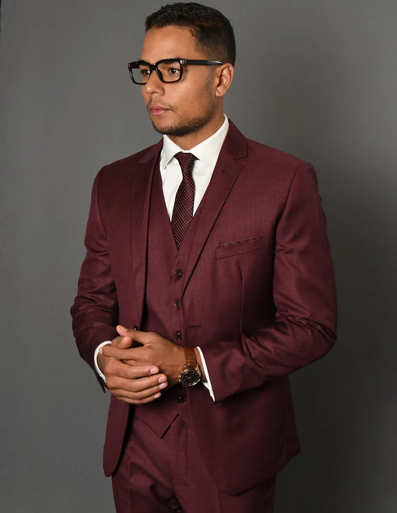 3pc Flat Front Pants Carbon Black - Dark Charcoal Slim Fit Suit| LORENZO-1| Burgundy