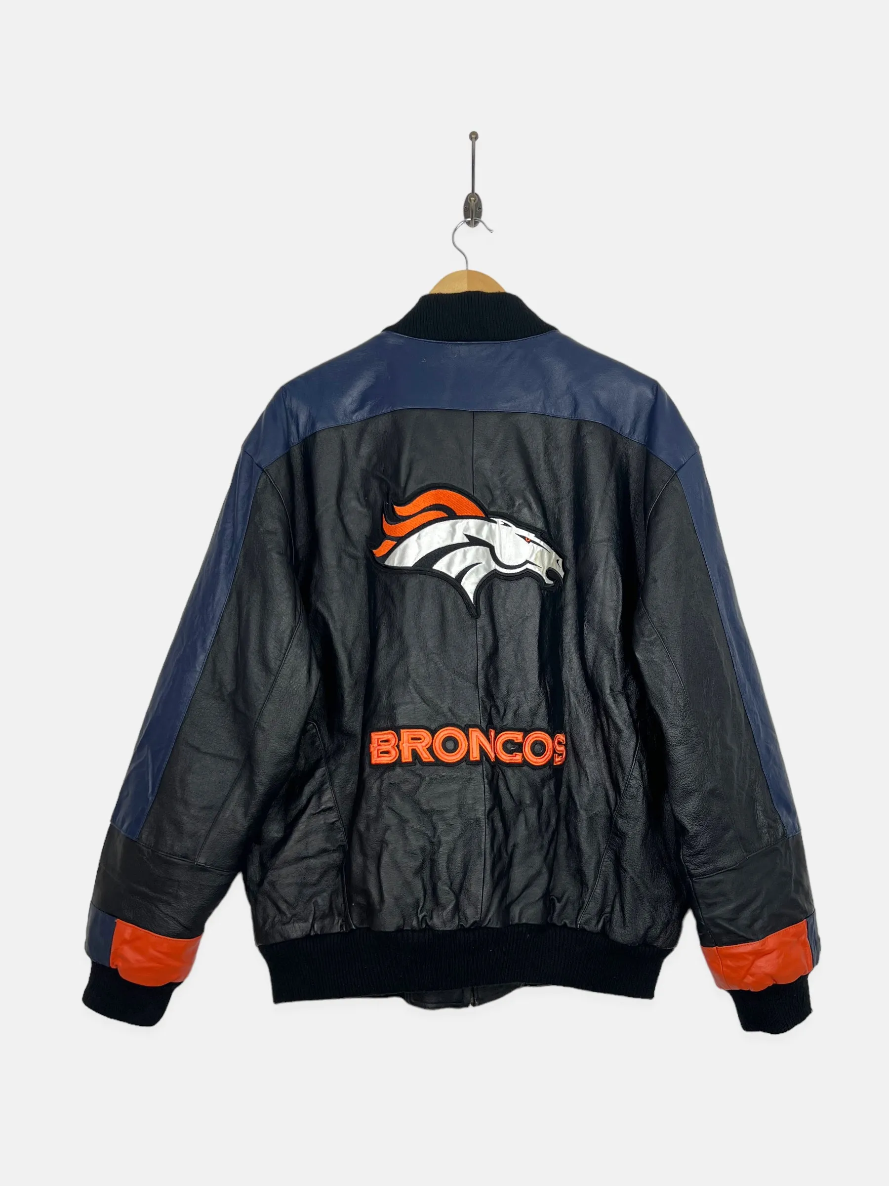 90's Denver Broncos NFL Embroidered Vintage Leather Jacket Size L-XL