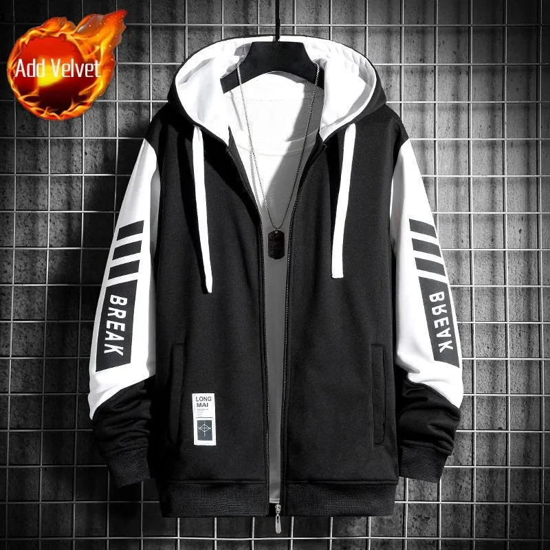90s Vintage Korean Style Rock Black Pastel Hooded Zip-Up Sweatshirt for Men – Autumn & Winter Casual Full Zip Hoodie