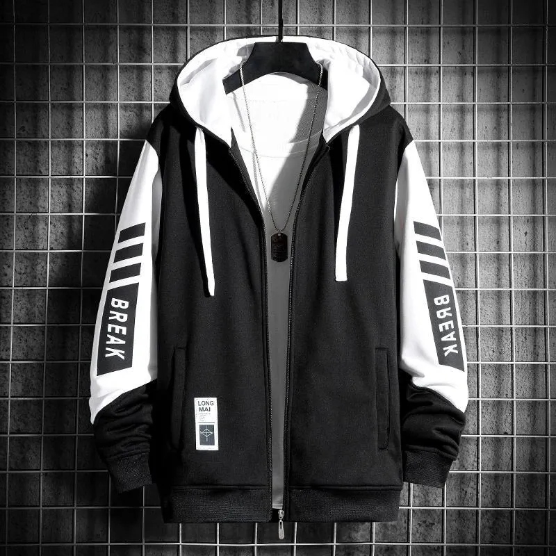 90s Vintage Korean Style Rock Black Pastel Hooded Zip-Up Sweatshirt for Men – Autumn & Winter Casual Full Zip Hoodie
