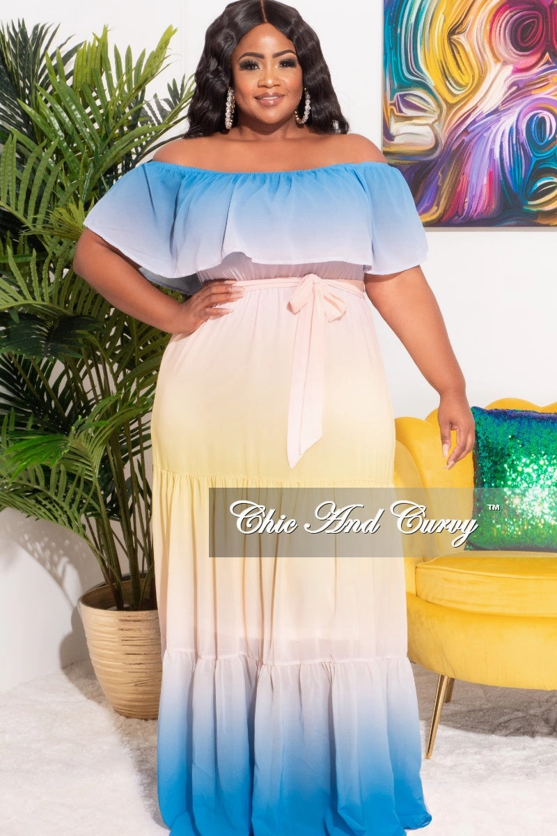 NonRestrictiveFit Softened Hem *Final Sale Plus Size Off The Shoulder Chiffon Maxi Dress in Yellow, Blue & Peach Ombre Summer