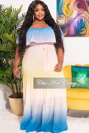 Perfect Pair Lightweight Construction *Final Sale Plus Size Off The Shoulder Chiffon Maxi Dress in Yellow, Blue & Peach Ombre Summer