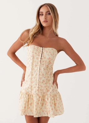 Bloomsbury Bustier Mini Dress - Yellow Ditsy Floral Empire-Waist