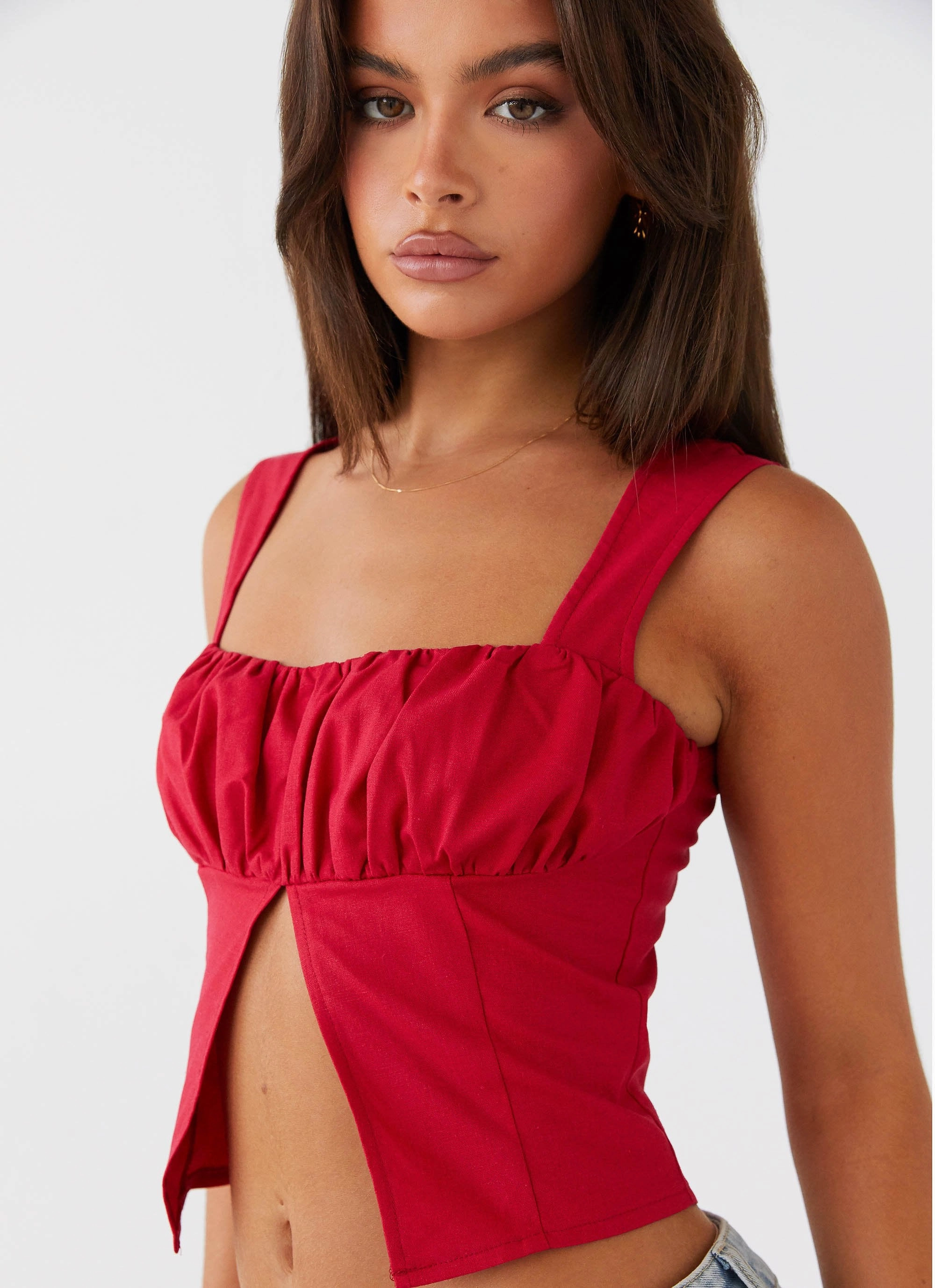A Poet's Notes Linen Top - Red Seamless Knit Design