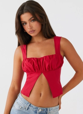 Sustainable Production Certified Button Down Collar A Poet's Notes Linen Top - Red