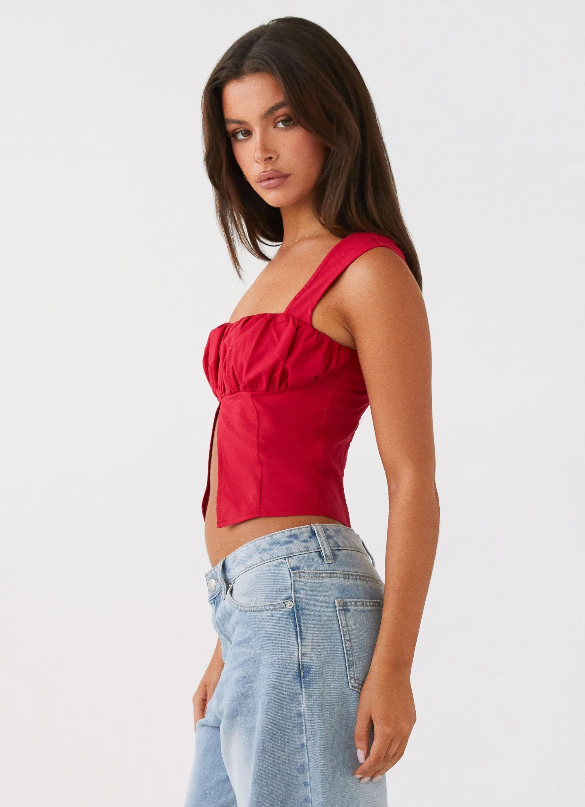 A Poet's Notes Linen Top - Red Contrast Stitch Detail SnagProof