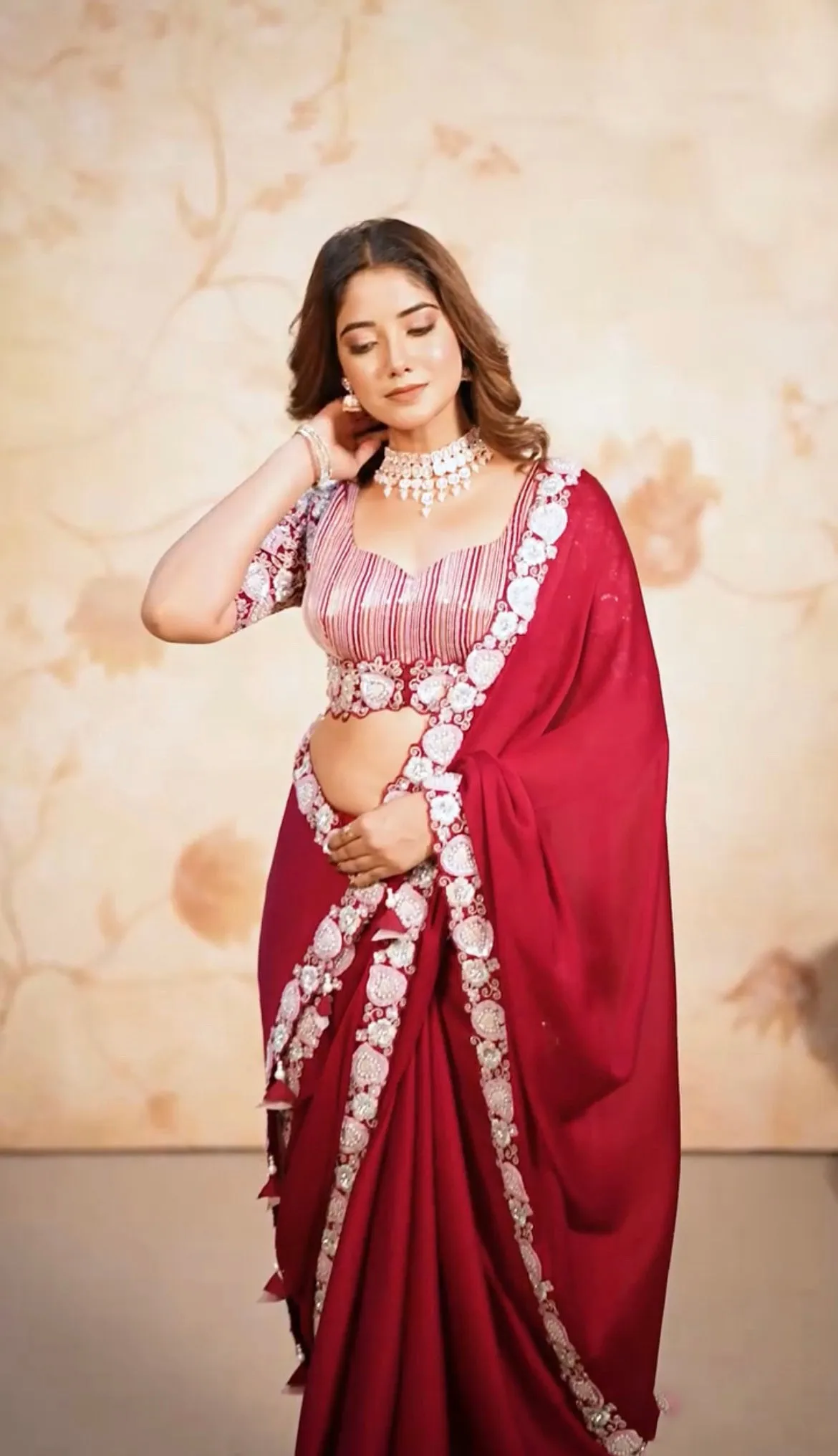 Aastha Fashion Red Satin Chiffon Beautiful Sequins Embroidery Work Saree
