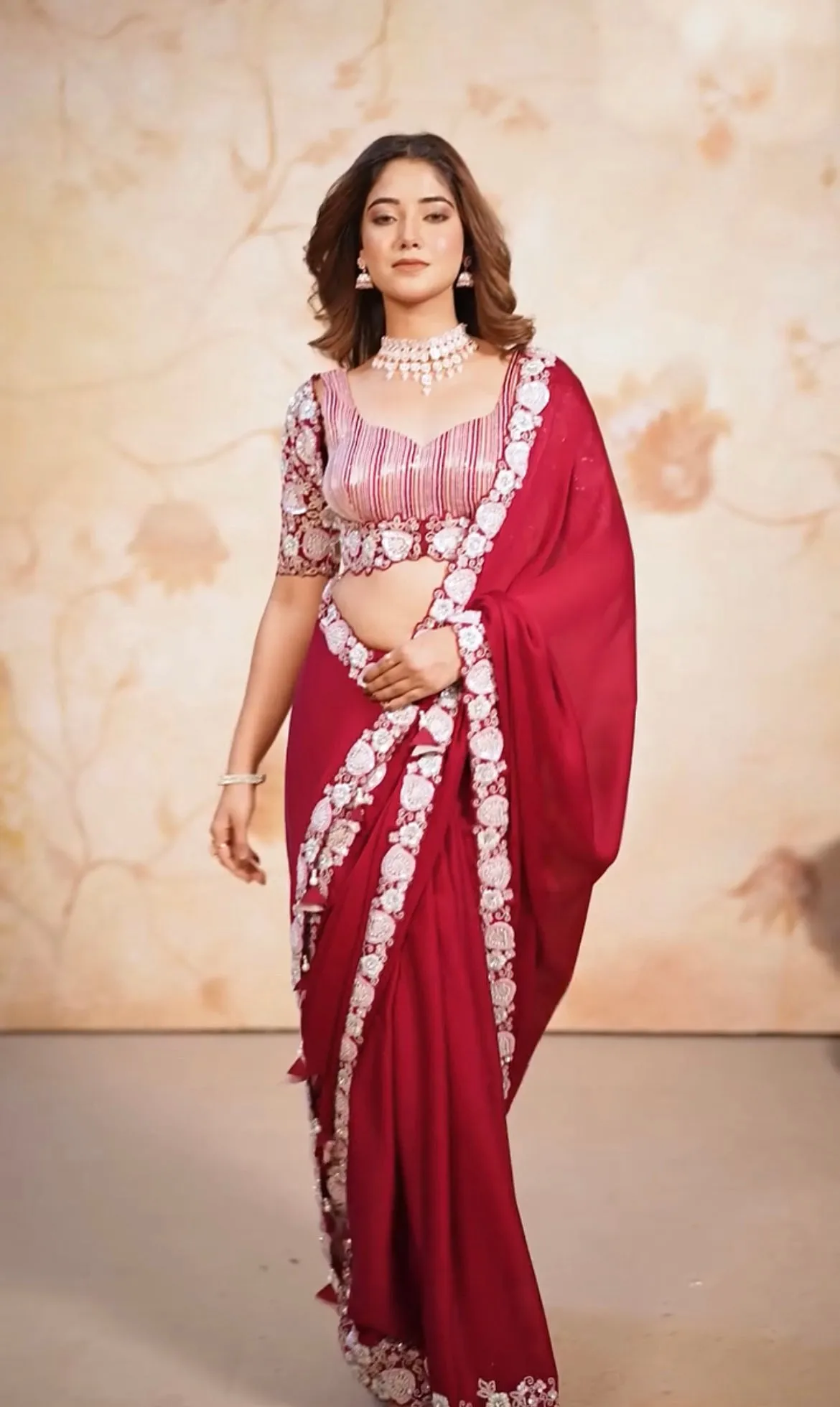 Aastha Fashion Red Satin Chiffon Beautiful Sequins Embroidery Work Saree
