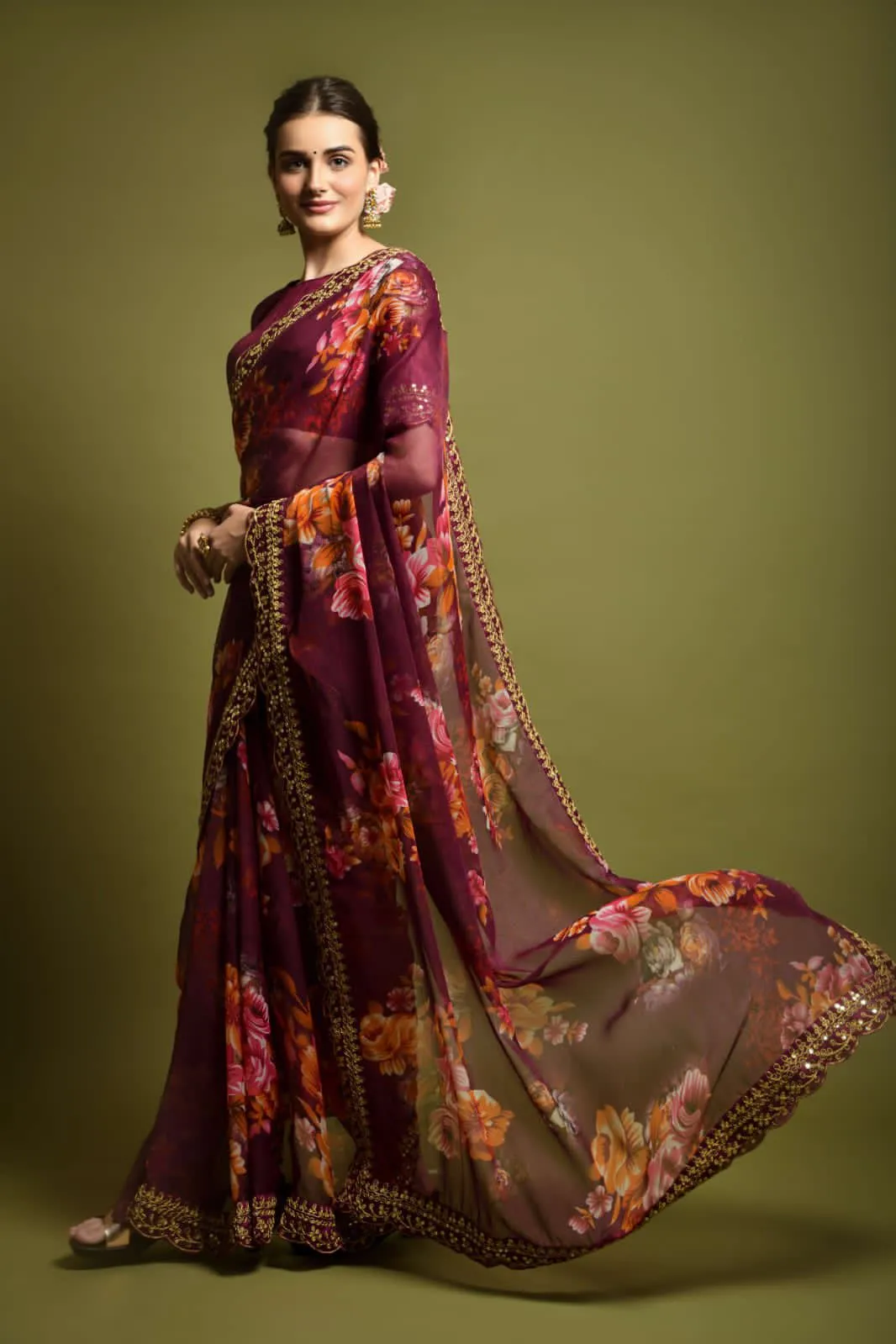 Aastha Fashion Wine Georgette Chiffon Flower Print With Foil Work Saree