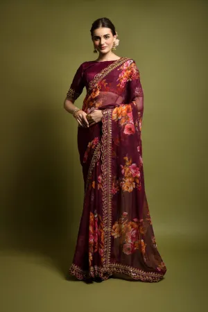 Aastha Fashion Wine Georgette Chiffon Flower Print With Foil Work Saree