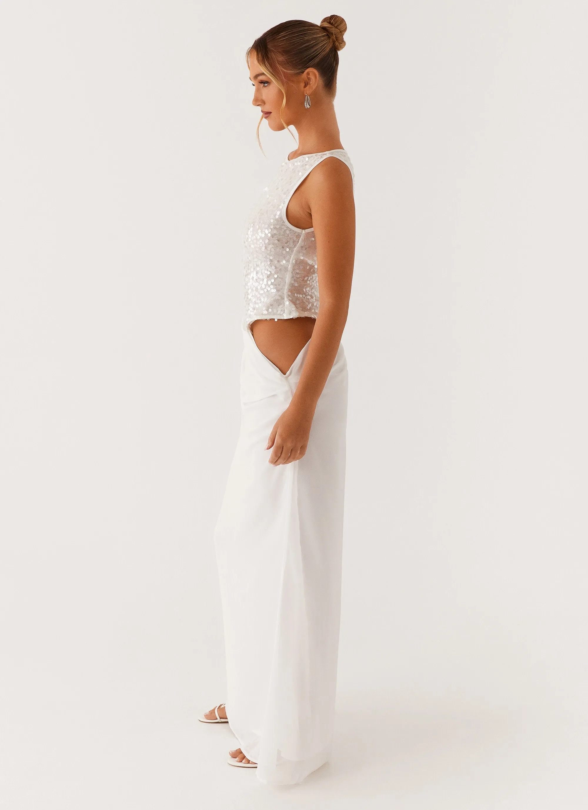 Above Ground Sequin Maxi Dress - White Front Detail Feminine off-the-shoulder gown