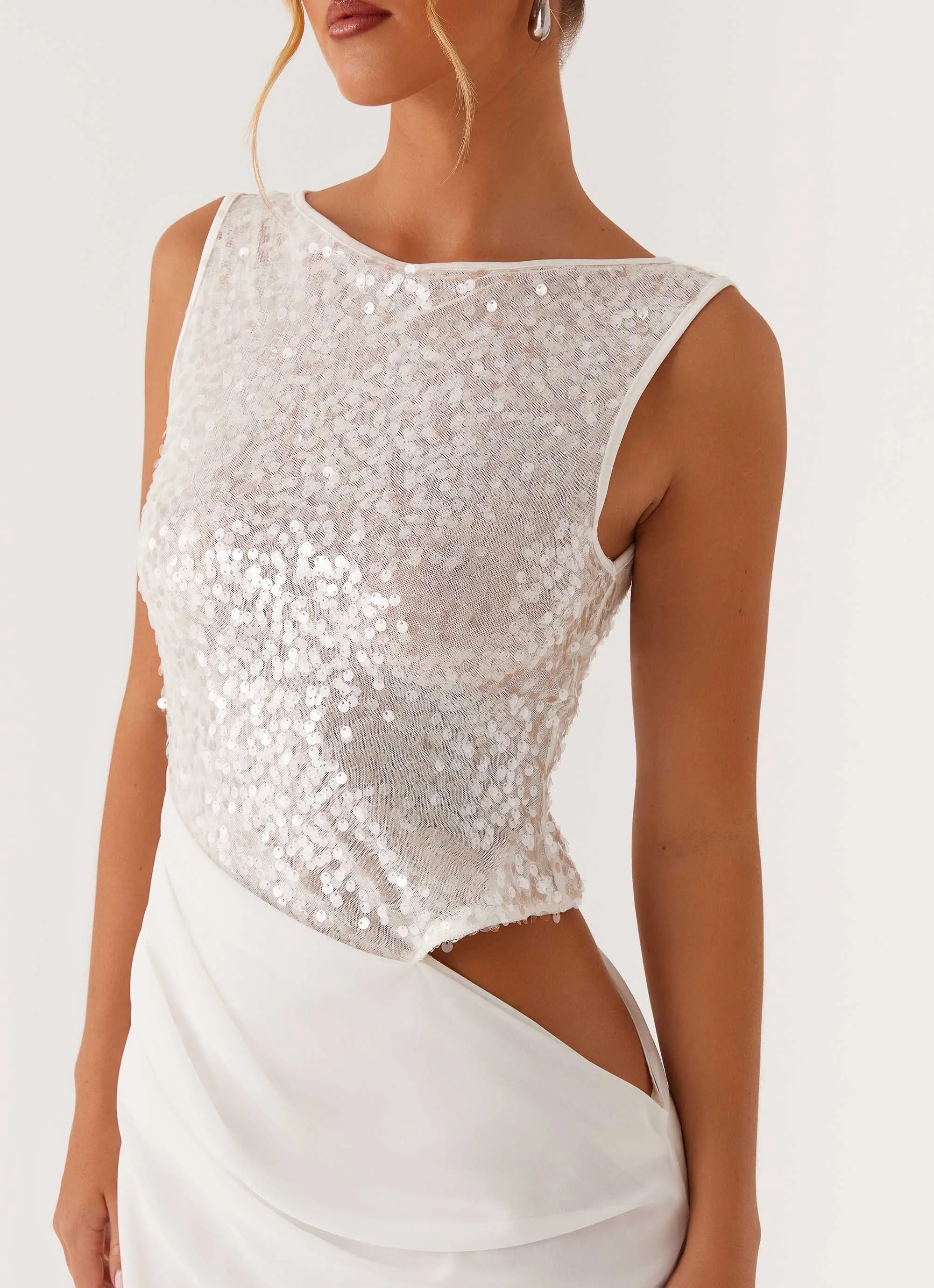 Bold Design Dreamy Drape Above Ground Sequin Maxi Dress - White