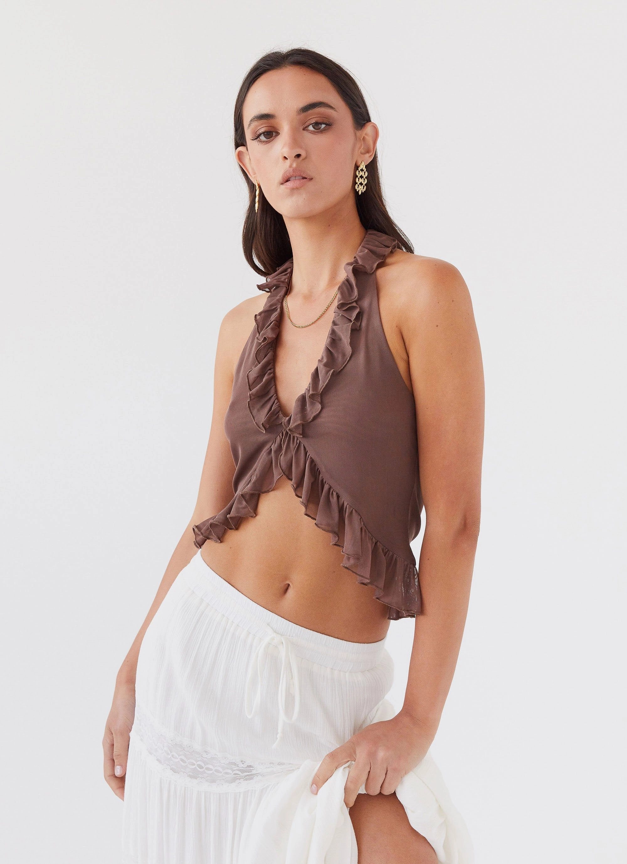 FlexibleSole Tanya Mesh Frill Top - Chocolate