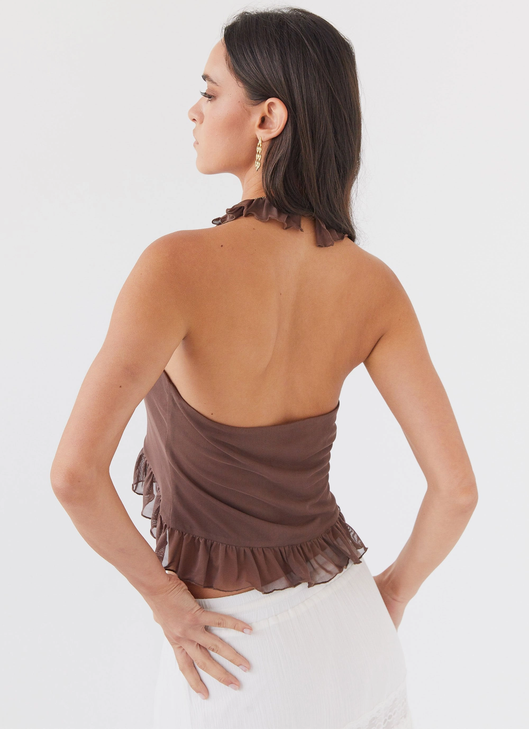 Tanya Mesh Frill Top - Chocolate EasyCare Material EcoCertified
