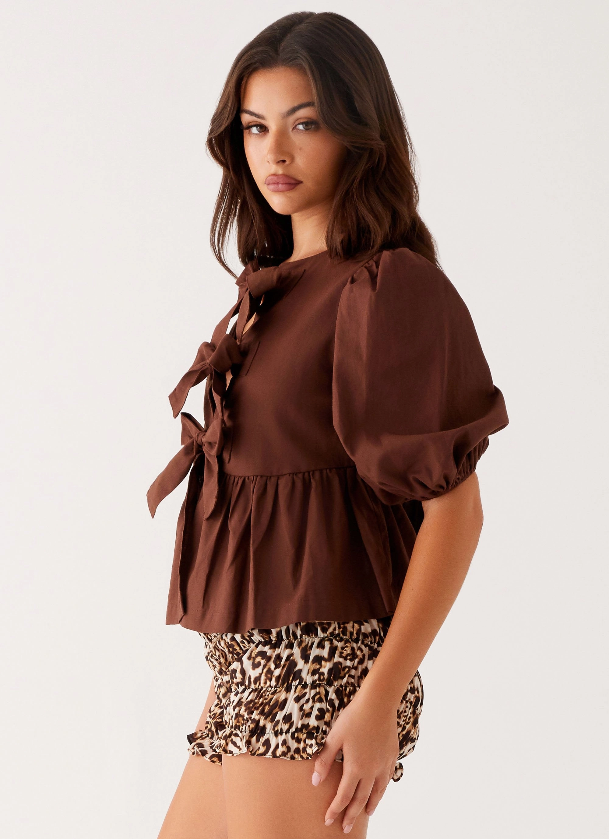 Ribbed Hemline High Stretch Fabric Western Wind Tie Top - Chocolate