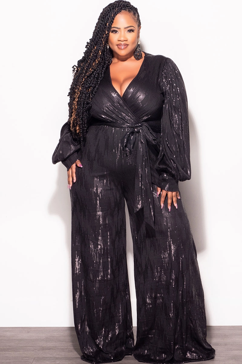 Final Sale Plus Size Faux Wrap Tie Jumpsuit in Black Faux Sequin Warm Layer BondedShoulderTaping