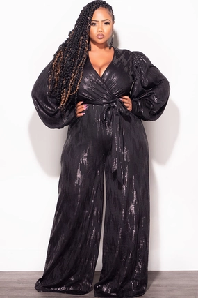 FlexibleElasticatedEdging Final Sale Plus Size Faux Wrap Tie Jumpsuit in Black Faux Sequin