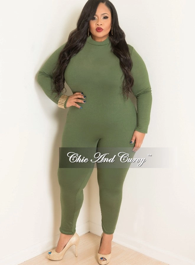 Final Sale Plus Size Long Sleeve BodySuit/Jumpsuit in Olive Green LightweightWeave