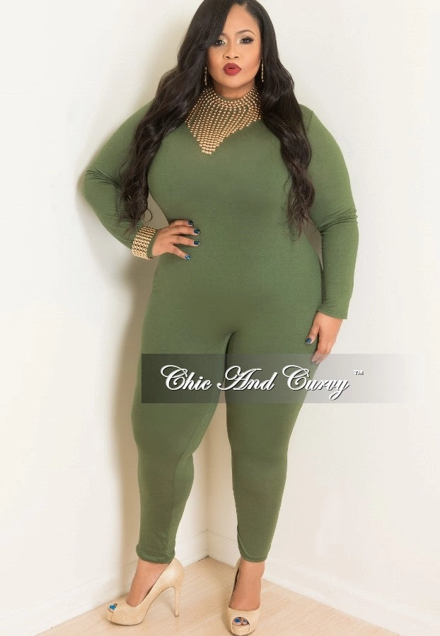 Final Sale Plus Size Long Sleeve BodySuit/Jumpsuit in Olive Green Sport Ready Fit Cold Weather Wear