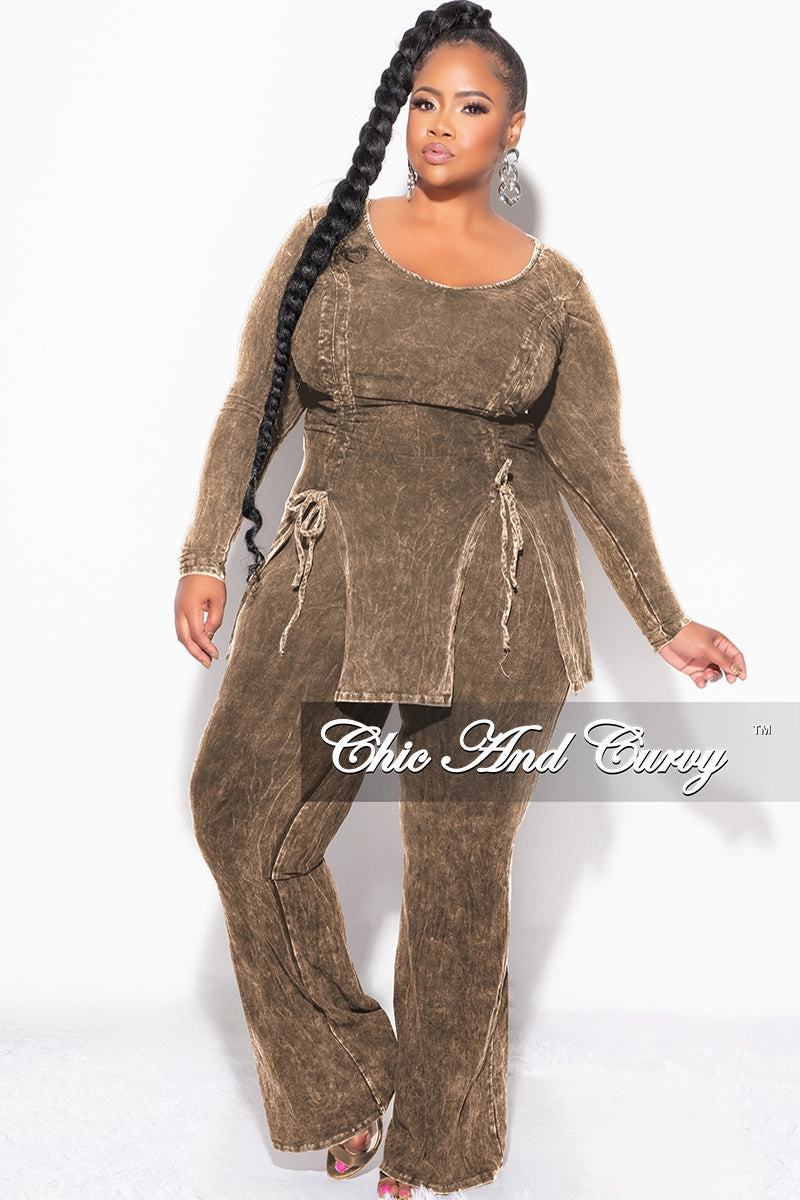 Flex Wear Final Sale Plus Size 2pc Ruched Drawstring Double Slit Top and Pants Set in Brown
