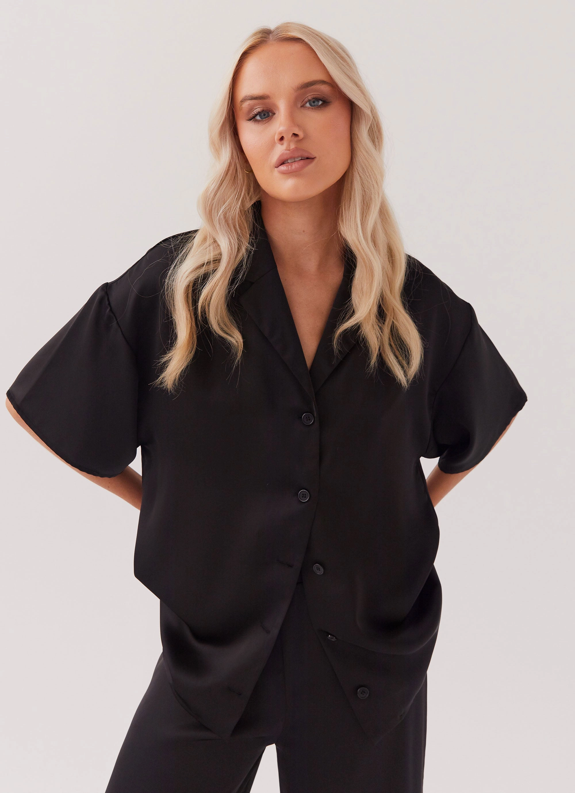 Pre Shrunk Cotton Blend Smart Casual Palm Cove Satin Shirt - Black
