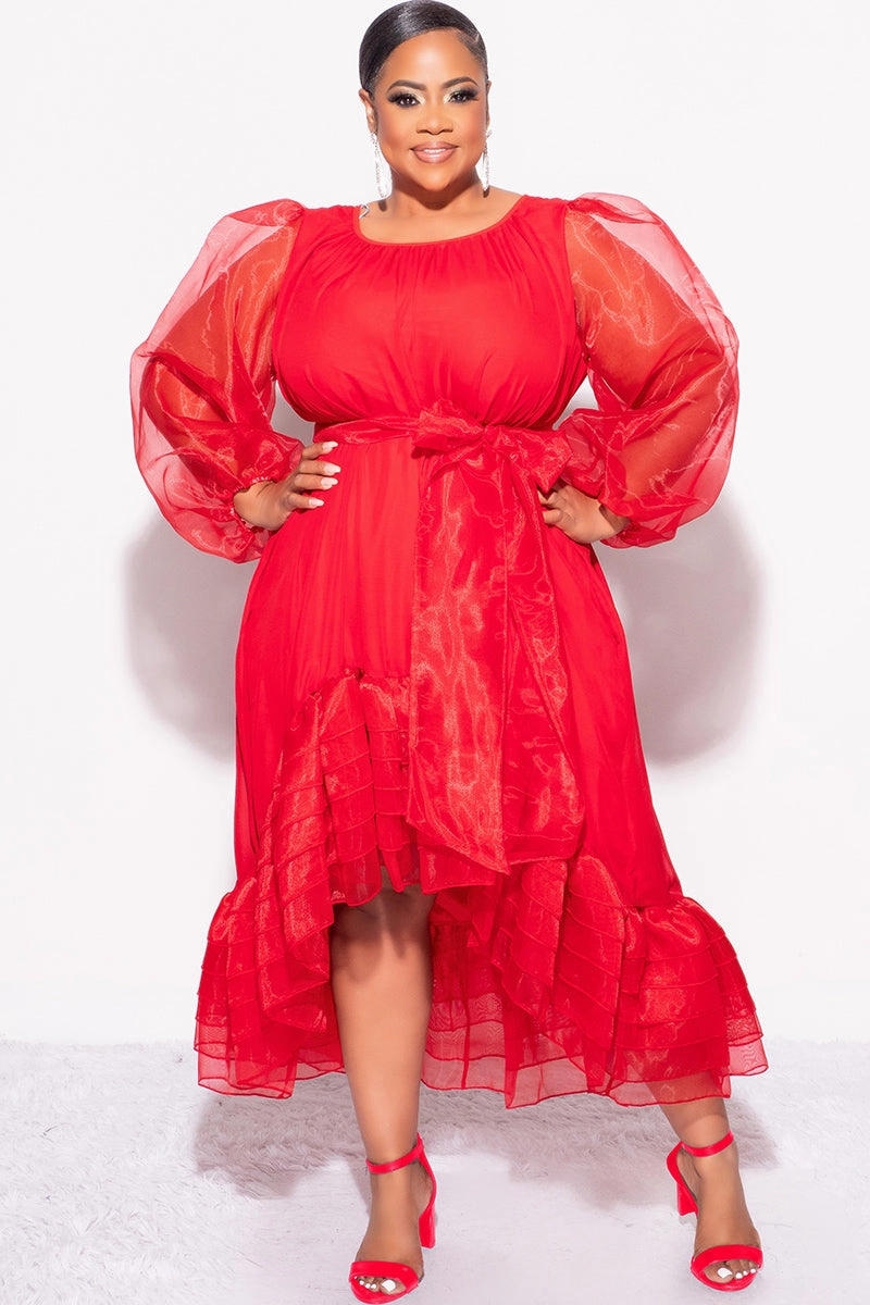 Non Restrictive Collar Final Sale Plus Size Chiffon Ruffle Highlow Dress with Tie in Red