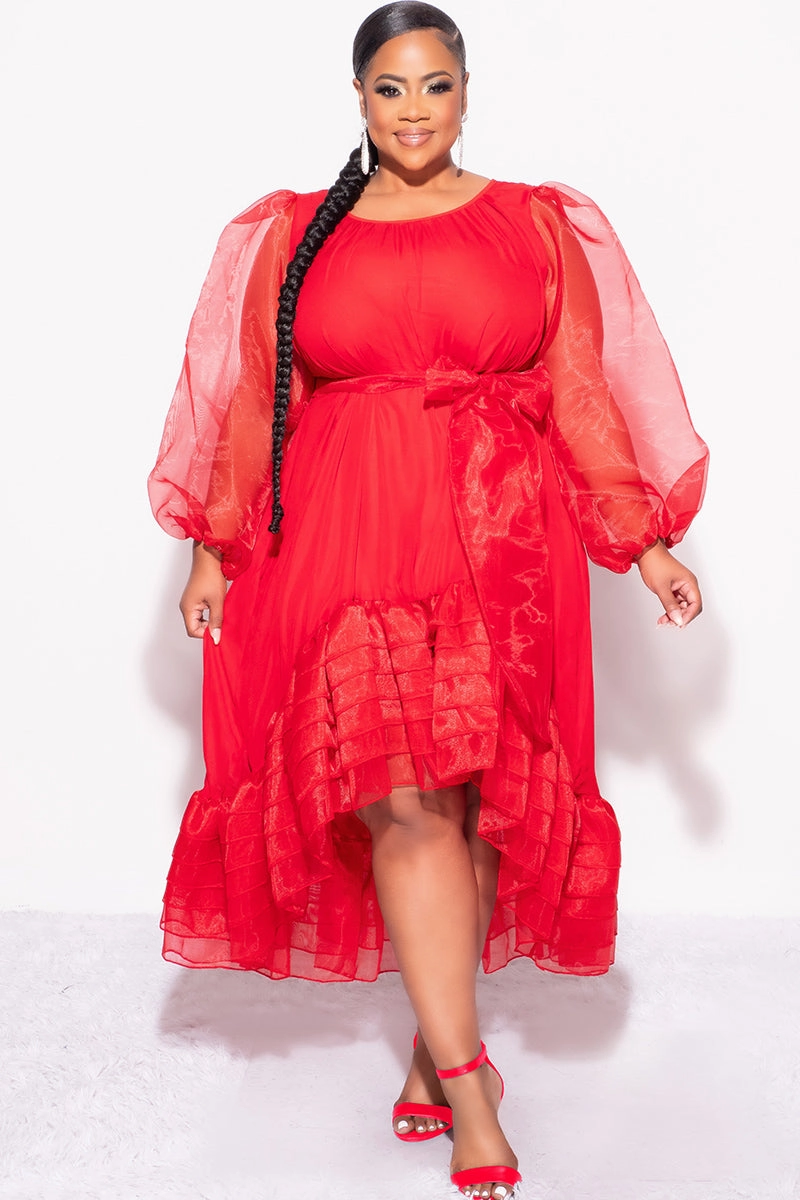 Final Sale Plus Size Chiffon Ruffle Highlow Dress with Tie in Red OEKOTEX Certified Fabric