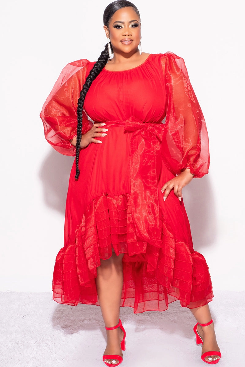 BambooBlend CompressionSupportWeave Final Sale Plus Size Chiffon Ruffle Highlow Dress with Tie in Red