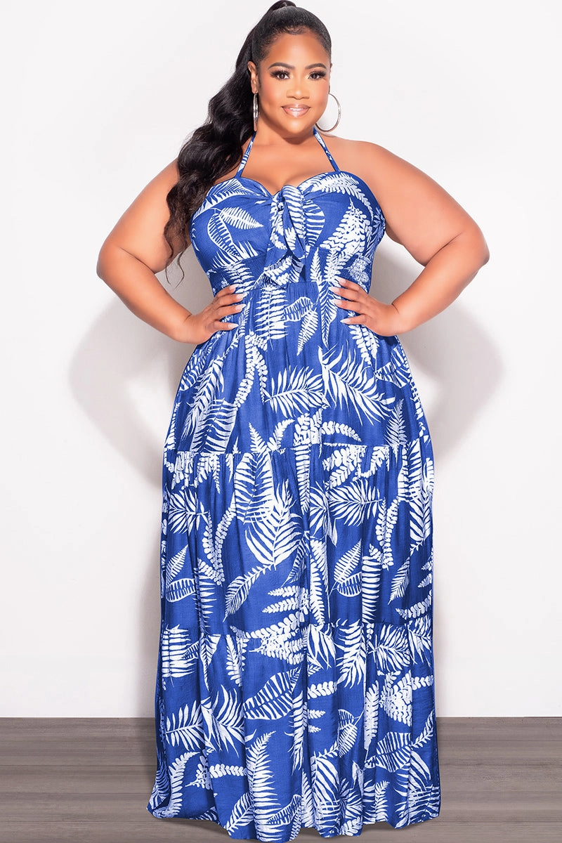 Final Sale Plus Size Halter Tiered Dress in Royal Blue and White Leaf Print StainResistantCoating Comfort Wearable