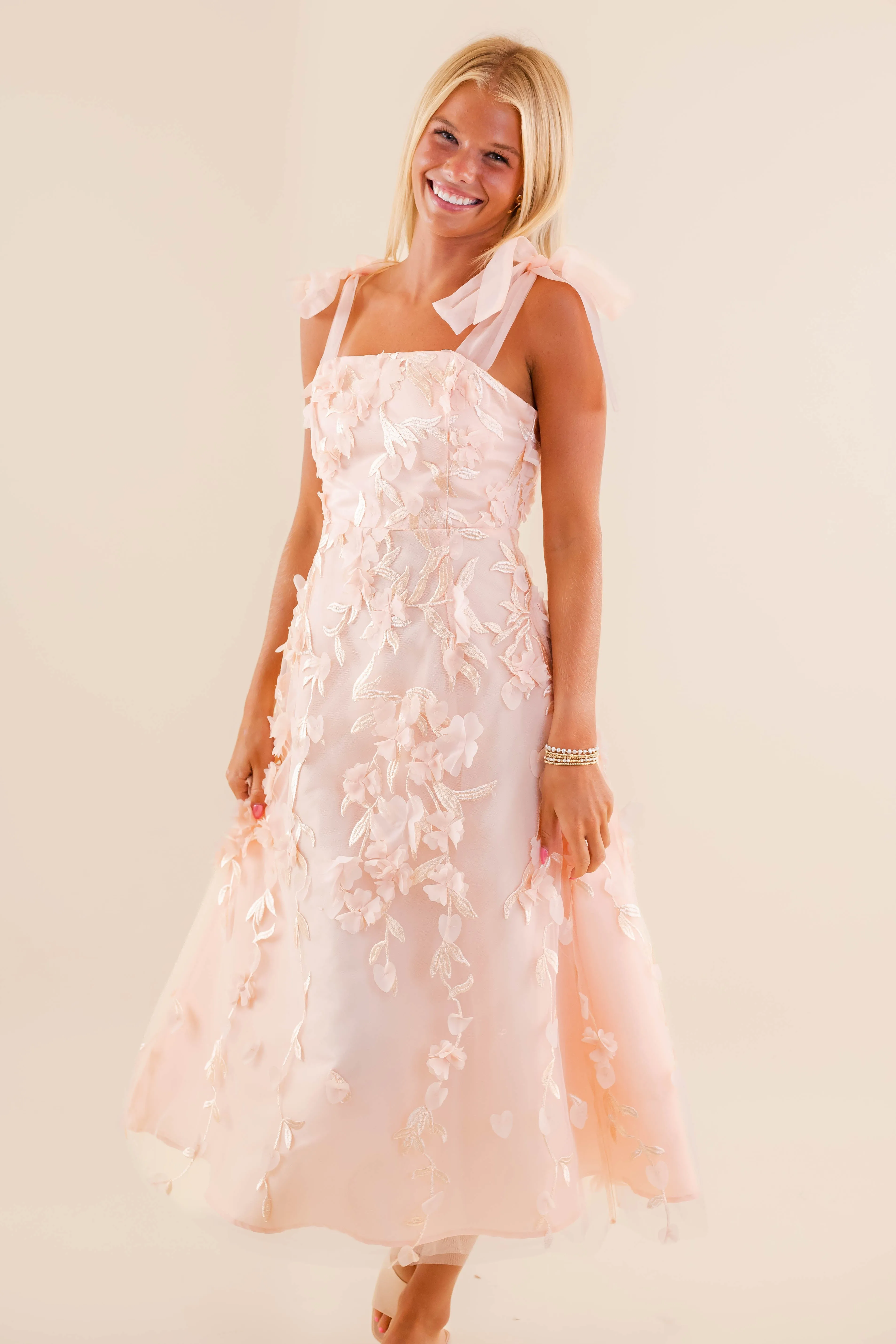 Absolute Elegance 3D Flower Midi Dress Light Volume Sleek Design