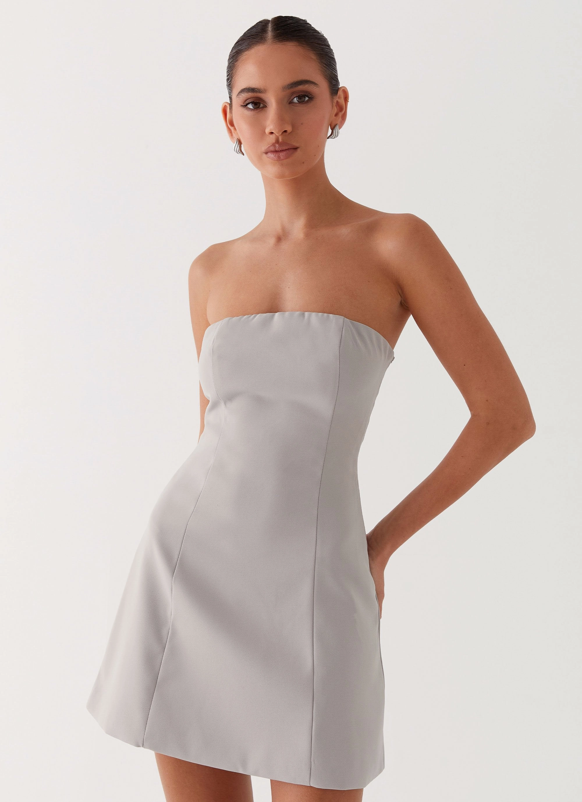 Ayanna Strapless Mini Dress - Grey Day Ready Look Sculpted Detail