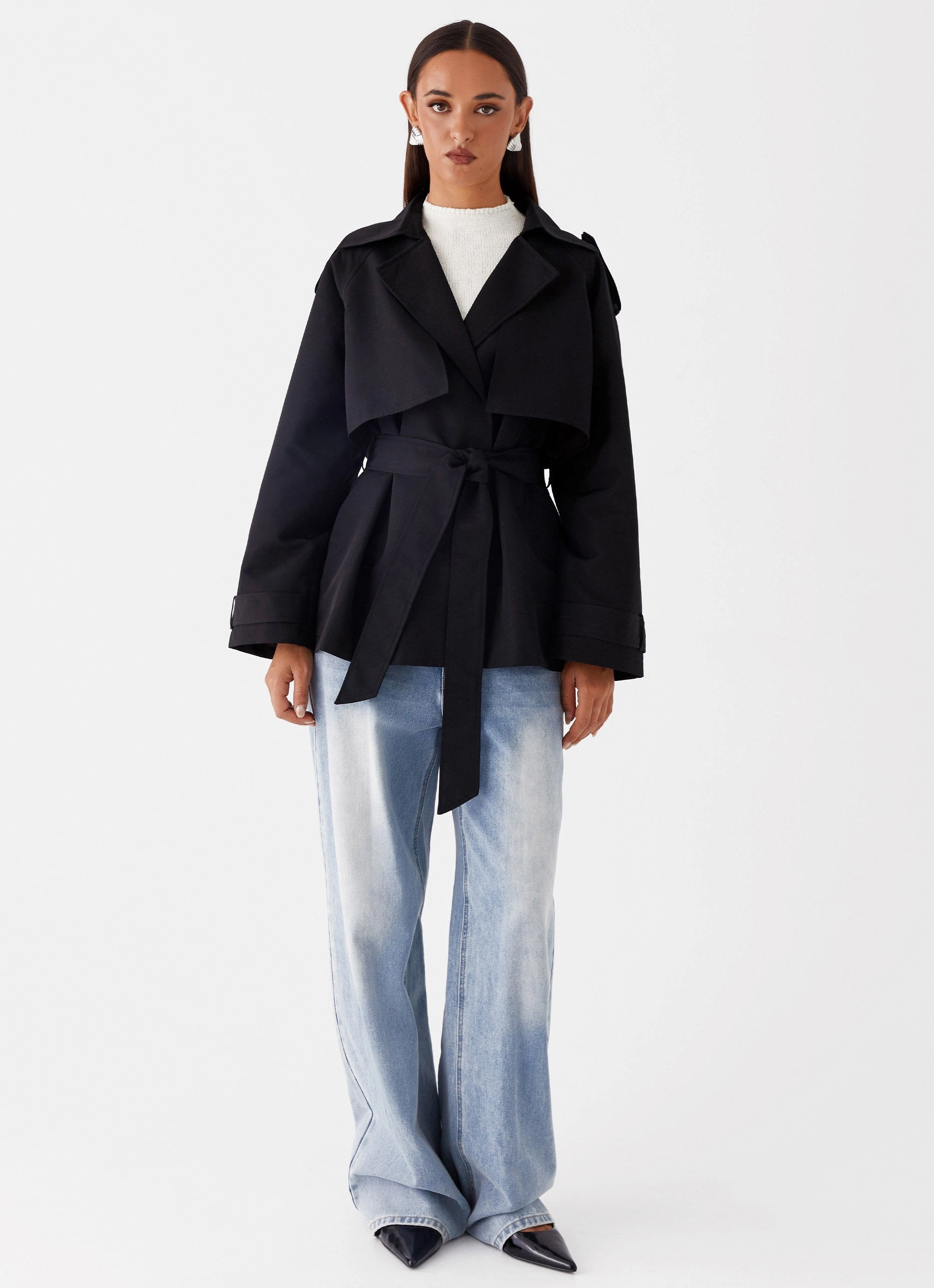 Ace Of Spades Cropped Trench Coat - Black AdjustableHood understated look