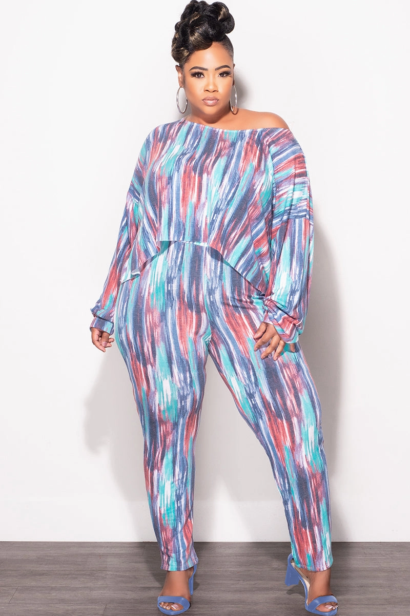 Light Shape Final Sale Plus Size 2 pc Set Top & Pants in Purple / Mauve Multi-Color Print