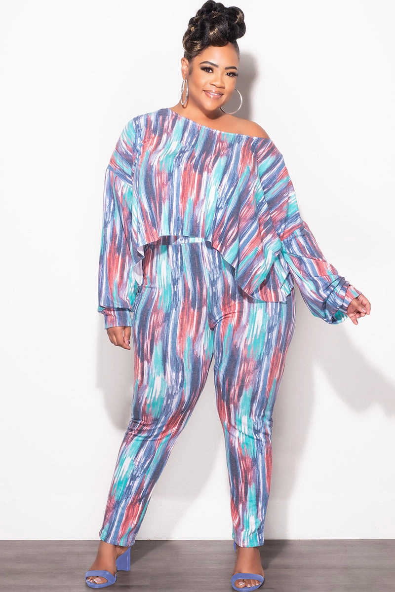 Cropped hem Final Sale Plus Size 2 pc Set Top & Pants in Purple / Mauve Multi-Color Print