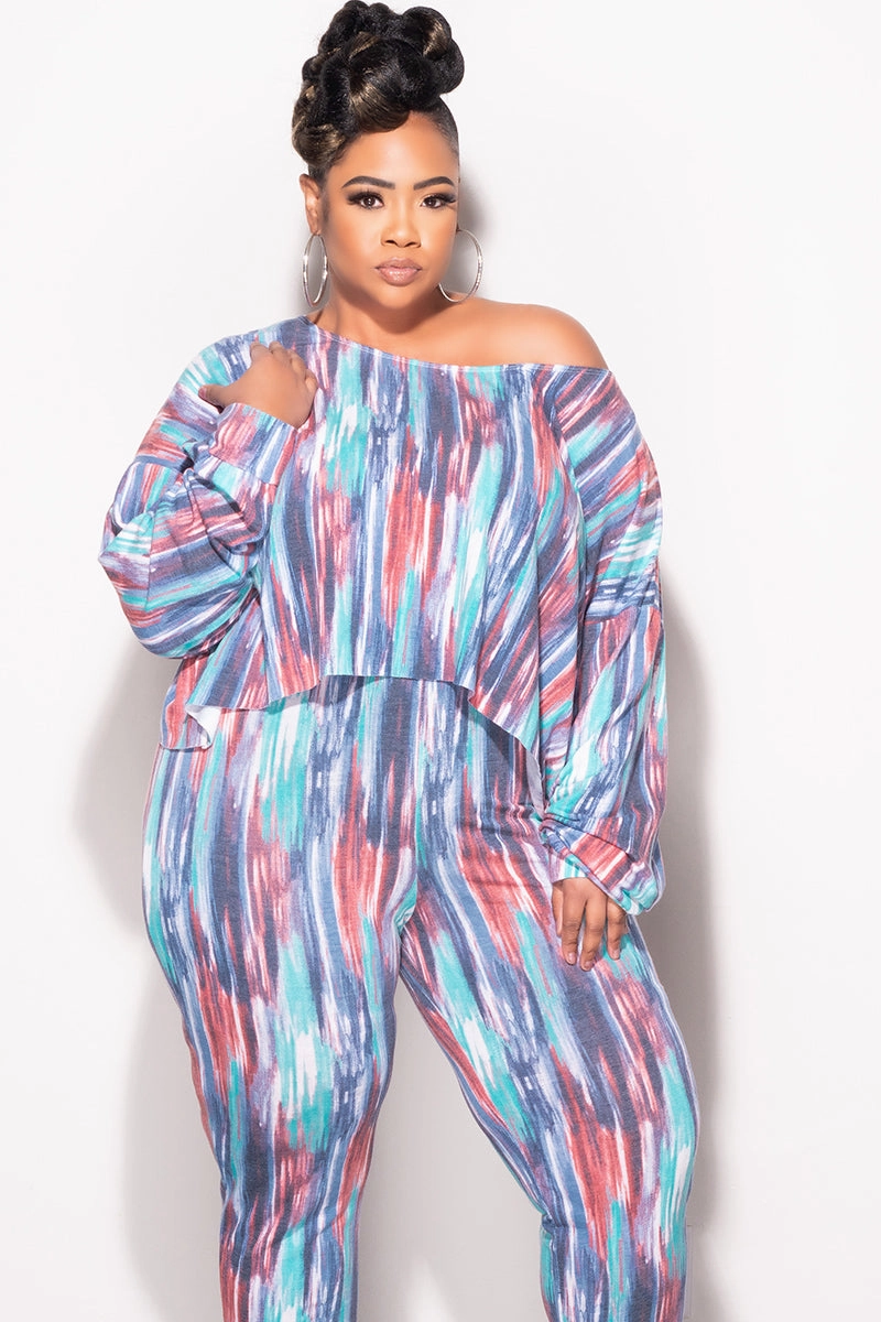 AbrasionResistant Final Sale Plus Size 2 pc Set Top & Pants in Purple / Mauve Multi-Color Print