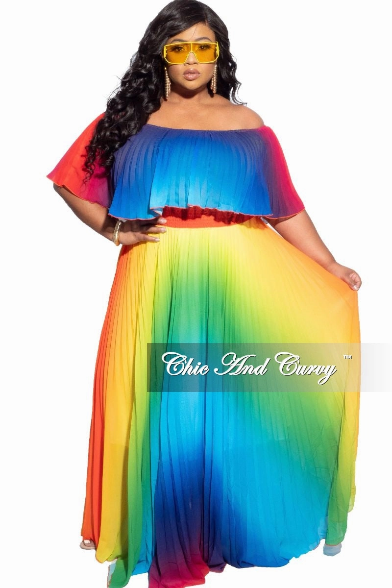 Final Sale Plus Size Strapless Chiffon Pleated Long Dress in a Rainbow Print ElasticWaist Reinforced Knees