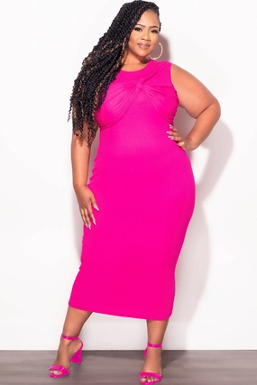 Final Sale Plus Size Ribbed BodyCon Dress in Fuchsia Minimal Waist Comfortable Fashion
